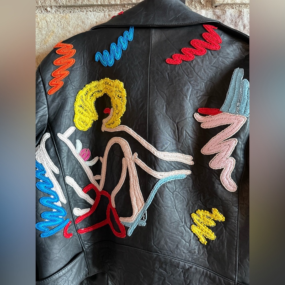 Alice + Olivia Black Leather Moto Jacket with Multicolor Embroidered Accents - Picture 2 of 6